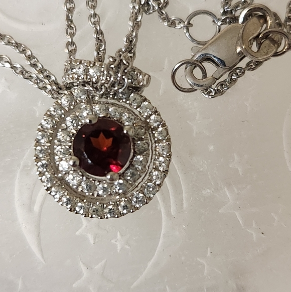 Woman's 925 Halo Red Garnet & Zircon Stone Pendant - Picture 3 of 6
